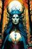 Placeholder: create a wildly conceptual print illustration of sorceress with highly detailed feminine facial features, in an ethereal, otherworldly ,ancient autumn forest , in the comic book art style of Bill Sienkiewicz, Mike Mignola, Sparth, and Jean Giraud Moebius, finely drawn, colored, and inked, suffused with dramatic natural light and shadow of sunset