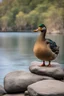 Placeholder: really fat and grumpy mallard duck sitting on a rock, background of a lake
