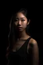 Placeholder: cute face asian model, Generate a photorealistic shot of a girl model just stay in front of camera, woman standing full-length on a black background, wearing a beige swimsuit, studio light is soft and natural, 4K quality, high detailing, black background, dar vibes