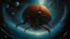 Placeholder: crustacean space ship in space with planet far below inspired by zdzislaw beksinski photorealistic+people