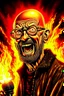 Placeholder: Firestarter animateur radio hardrock with a microphone. He has no hair. He has a thin beard. He has glasses. He's about 50 years. Seems angry. Flames all around him. He wears a sweat shirt of iron maiden.