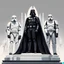 Placeholder: A beautiful illustration that showcases Darth Vader, adorned in his iconic black cape, standing triumphantly on the highest Olympic podium as the undisputed champion. Flanking him on two lower podiums are two white-clad Stormtroopers, looking sullen. Set this scene against a white background.