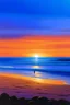 Placeholder: Picture a serene beach scene with an expansive ocean stretching out into the horizon. The sky is a canvas of colors blending from shades of deep blue near the top to soft purples and oranges where the sun is setting. The sun is a glowing ball, nearly touching the horizon, casting a warm, golden hue across the sky. In the foreground, two silhouetted figures are standing at the water's edge, their shadows elongating towards the shoreline as the sun dips lower. They're facing the sunset.