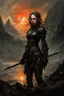 Placeholder: A formidable warrior girl in black armor, against monster, against the background of an amazing gloomy landscape flooded with sunset, mountains, trees, a fabulous scary hero, juicy emotions, painting, gloomy fantasy, gloomy day, dark world, portrait, oil and graphite, wide strokes, a weaving frame around, by Ryohei Hase, Agnes Cecile, Raymond Swanland, Anne Bachelier