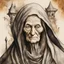 Placeholder: a Dutch Renaissance era ink wash and watercolor caricature illustration of a wizened and aged sorceress , highly detailed facial features, in the style of Pieter Brueghel the Elder , Hieronymus Bosch, and Gerald Scarfe aged canvas, craquelure finish, archaic masterpiece, 4k