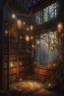 Placeholder: Forest library, autumn, many books,nature,natural lines, lamp garlands, twilight,dark,botanical maximalism boho style, hyperrealism, hyperdetalization, high quality, 32k, dark botanical, bionics, bionic elements,grunge, magic, fantasy, many complex details, filigree, clarity, sharpness, 8d painting, concept art, 35 mm, contrast