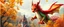 Placeholder: portrait of a shiny red and green dragon squirrel in autumn, flying above wooden castle, breathing smoke, book cover illustration, with metallic transparent wing border on left and right of frame