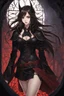 Placeholder: A confident looking young woman with pale skin and long brown hair in a dark fantasy setting with intricate details. She is wearing black and read leather, has red eyes, an air of malevolent power surrounds her. Anime style. High definition.