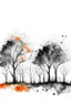 Placeholder: Watercolor black and white far away trees with orange little flowers on the trees