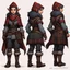 Placeholder: character concept sheet with AD&D statistics and characteristics, [illustration by mounir fatmi] slavic short thin female gnome thief with a sling in tartan cape