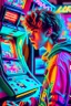 Placeholder: a millineal teenage boy is playing video arcade games, bright colored clothes from the 90s, hairstyles of that time