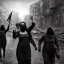 Placeholder: women, faces covered in black masks, ragged clothes, holding flag, realistic, Life Magazine photgraphy, war-torn, destroyed city in the background, 8k resolution, hyperrealistic, detailed matte painting, b&w, dynamic lighting, war, anarchy,