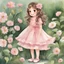 Placeholder: watercolor, full body, cute smile girl, curly hair, big eyes, long brown hair, pink dress, pink shoes, white backgrownd