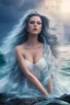 Placeholder: half body shot,realistic portrait of a 20-25 old femal model, long blue pink flowing hair, great grey eyes, ,full body, standing in rocky beach , very big ship, stormy sea with sunset ,clouds,god rays ,storm,rocky beach