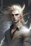 Placeholder: The style is an oil painting. Dark palette. Fantasy style. A young man. A feminine face. There's a lightning mark on his face. Elf ears. Long blond hair. Waist-high. A white shirt.