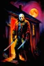 Placeholder: in the dead of night the bright moon shines down on a giant, extremely colorful Jason Voorhees standing outside the home of his next victim, a vibrant, extremely colorful, multicolored, watercolor stained wall in the background, in the art style of Boris Vallejo, Frank Frazetta, Julie bell, Caravaggio, Rembrandt, Michelangelo, Picasso, Gilbert Stuart, Neal Adams, Jim Lee, Sanjulian, Thomas Kinkade, Jim Lee, Alex Ross, Dorian Vallejo, Stan Lee, Norman Rockwell - Absolute Reality v16,