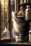 Placeholder: cute kitten in window in an apothecary. HD. High quality