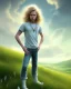 Placeholder: full length photograph of a beautiful 12 year old boy with long, blonde curly hair and light blue eyes, smiling, standing on a green hill in summer, highly detailed, smooth, photorealistic, digital art, HDR