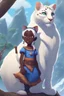 Placeholder: a cute eight-year-old female sorceress, dark skin, with straight snow white hair tied in a braid, blue eyes, riding on the back of a giant furry leopard cat