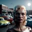 Placeholder: Ultra Realistic retro sci-fi, Supermarket parking scene, 1960 year, blonde woman, sweet Kate moss face, lights eyes, face makeup, tight latex coat; many panic people, Retro sci-fi style, soft color, highly detailed, unreal engine 5, ray tracing, RTX, lumen lighting, ultra detail, volumetric lighting, 3d, finely drawn, high definition, high resolution.