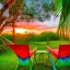 Placeholder: sunset in a tropical jungle with lawn chairs, blue red and yellow