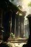 Placeholder: Create an environment design of ancient ruins, such as a Mayan temple or a Roman amphitheater, set in a dense jungle or forest. The climate is warm and humid, with the sounds of wildlife all around. The time of day is late afternoon, with the sun shining through the trees and casting shadows on the crumbling stone structures. The mood is mysterious and historic. Key highlights include the intricate details of the ruins, such as the carvings on the walls and the mosaics on the floors, as well as