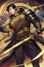 Placeholder: A handsome 30 year old knight, black hair, male bob haircut, in black-and-gold plate armor, golden katana in both hands, no beard, european