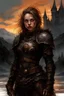 Placeholder: A formidable warrior girl in black armor, on the background Amazing gloomy landscape, flooded with sunset, mountains, trees, fabulous scary hero, , juicy emotions, painting, dark fantasy, gloomy day, dark world, portrait, Gothic Town At Night, Fantasy, Intricate Details, Castle Courtyard Gardens, Hyper Detailed, Jean Baptiste Monge, Carne Griffiths, Michael Garmash, Seb Mckinnon, Masterpiece