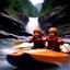 Placeholder: phone camera found footage screen capture, static filled low resolution image, low picture quality, blurry kinetic grainy photograph from the perspective of the riverbank of three happy babies wearing life preserver jackets alone in a kayak flying down river toward a waterfall in furious rapids, motion blur, low contrast, high film grain