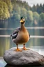 Placeholder: exceptionally fat, comically round, grumpy mallard duck sitting on a rock, background of a lake. The duck should be spherical