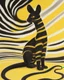 Placeholder: A black, round creature with long ears with yellow stripes and a long tail with a yellow stripe