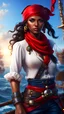 Placeholder: Female Pirate with dark hair, beautiful face, brown skin, smooth skin, full red bandana, Blue Eyes, White Shirt, Blue adornments, Red Scarf, Magic Glowing Orb, Full Body, Ocean Background, Pirate Ship Background, High Detail, 4k, photorealistic