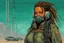 Placeholder: front facing full length portrait illustration of a grunge armored female with beaded dreadlock hair cyberpunk vampire mercenary with gas mask, telecommunications headset, and shemagh, highly detailed with gritty post apocalyptic textures, toxic irradiated landscape, finely detailed facial features and hair, in the graphic novel style of Bill Sienkiewicz, and Jean Giraud Moebius, with elements of collage, mimeograph, and pen and ink