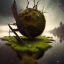 Placeholder: hyperrealistic shot, rusting and moss covered giant mascot, earth color palette, sharp focus, puddle reflection, water splash, refraction, bats flying, rain and lightning on the horizon, shadowcast, detailed and intricate, cinematic composition, tilt shift photography