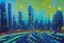 Placeholder: Night, futuristic buildings near trees, highway, sci-fi, impressionism painting