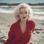 Placeholder: Childish marilyn monroe in a large red woollen sweater, on the beach, in the sun