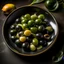 Placeholder: A plate of black olives and a plate of green olives?