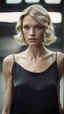 Placeholder: photography of a beautiful anorexic woman, silver satin neckholder top, sports illustrated, blond short wavy bob haircut, pronounced sternum