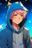 Placeholder: A young man with tousled pink hair and golden eyes floating among the stars wearing a light blue hoodie and black board shorts. He is smiling softly and holding a star in one hand. Anime.