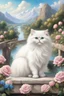 Placeholder: in the center: beautiful fat fluffy white persian cats with kittens, with green and blue eyes, sitting on a bridge, under the brigde flows a small blue river; background: landscape with dramatic mountains and white clouds, butterflys flying in the sky; first plan: pink roses;