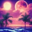 Placeholder: 1980's vaporwave aesthetic palm trees with lightning with lunar eclipse in the ocean waves sunset