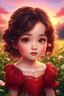 Placeholder: Digital painting of a cute little girl in a gorgeous red puffy sleeve dress, close-up face, cute chibi face, dark wavy hair, glowing eyes, rosy cheeks, red lips, sunset, back light, clover field in the background, Disney art, digital painting style, High Quality, 4k