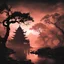 Placeholder: black and white dark black theme version temple trees and river