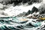 Placeholder: an abstract ink wash and watercolor illustration of a storm tossed, highly detailed coastal fishing village in the Lofoten Isalnds , with ominous thunderheads and pounding surf , finely drawn and inked, 4k, hyper detailed and vibrantly colored