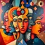 Placeholder: Large-scale oil painting, intricate stylized faces intermingling with geometric shapes, vibrant color palette, seamless canvas coverage, immersive gallery feel, no borders