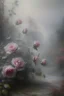 Placeholder: dry pastel, botanical fantasy, unrealistically beautiful fairy-tale landscape, pink-gray rose bush strewn with flowers, ultra-detailed, morning, rain, drops, greenery, magically, clear lines, haze, fog, many details, delicate sensuality, realistic, work of art, super-detail, filigree, foggy haze background, low contrast, surrealism, transparent, delicate pastel tones, backlighting, fantastic, unreal, translucent, glowing, epic fabulous