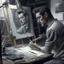 Placeholder: man in a art studio, realistic drawing