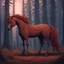Placeholder: Bipedal creature resembling a horse with brown bark-like skin and fur with red-brown mane and tail and a extra eye on forehead in a forest at dusk in dot art style