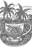 Placeholder: Outline art for coloring page, GROOVY HIPPIE-STYLE TEACUP SET BEACH PALM TREES, coloring page, white background, Sketch style, only use outline, clean line art, white background, no shadows, no shading, no color, clear