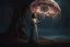 Placeholder: Full Body Shot Of A Young, Slim Woman Covered In rags, standing under a tree, holding an umbrella made from a jellyfish, a glowing ball in her hand, photorealistic, Detailed Matte Painting, Deep Colour, Fantastical, Intricate Detail,